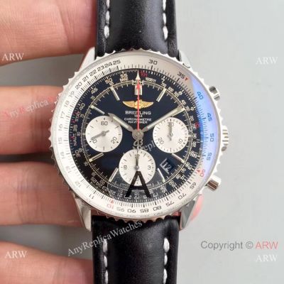 JF Factory Breitling Navitimer 01 Chrono SS Black Leather Strap Watch 43mm
